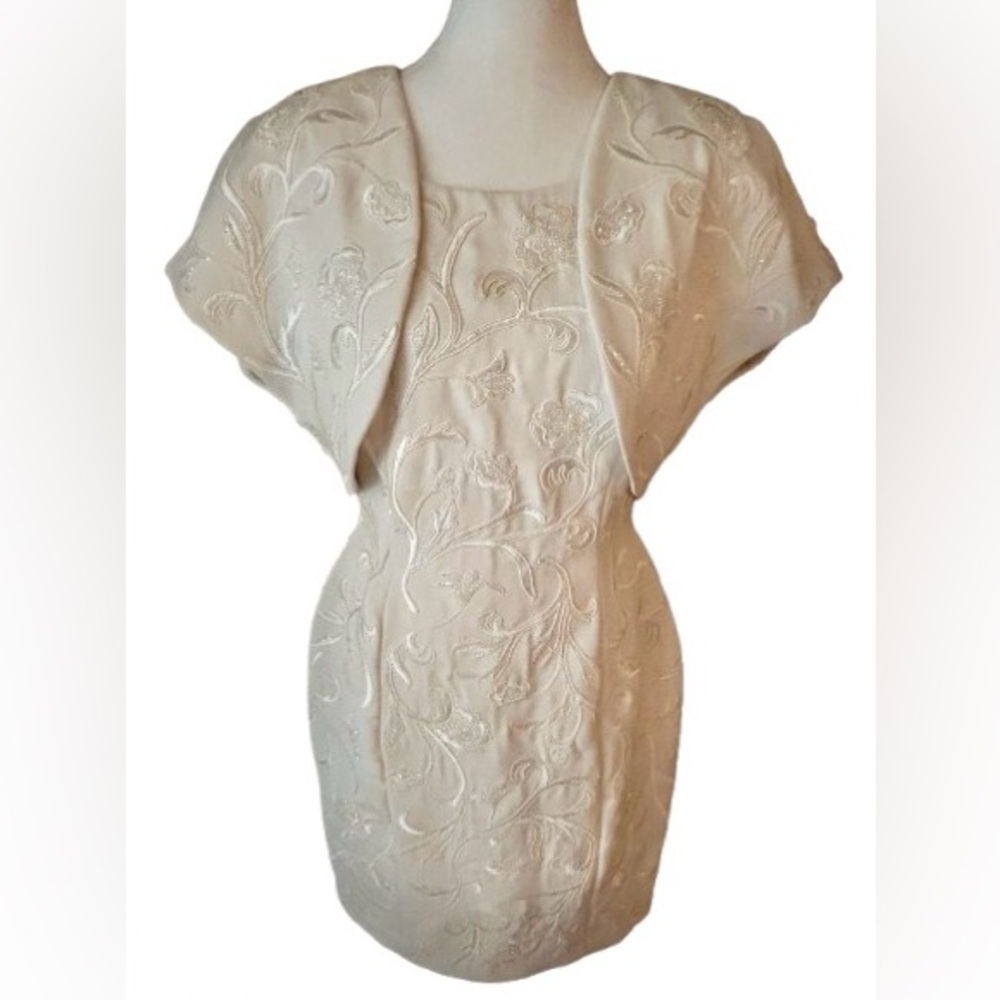 STUNNING Vintage Beaded 2-pc Set Dress Jacket Bolero Ivory Cream Christmas Party
